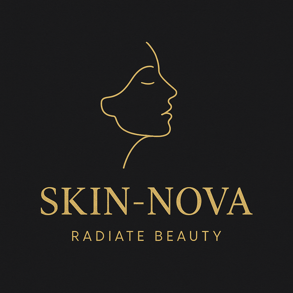 Skin-nova logo u zlatnoj boji s minimalističkim licem u jednom potezu i sloganom Radiate Beauty na crnoj pozadini
